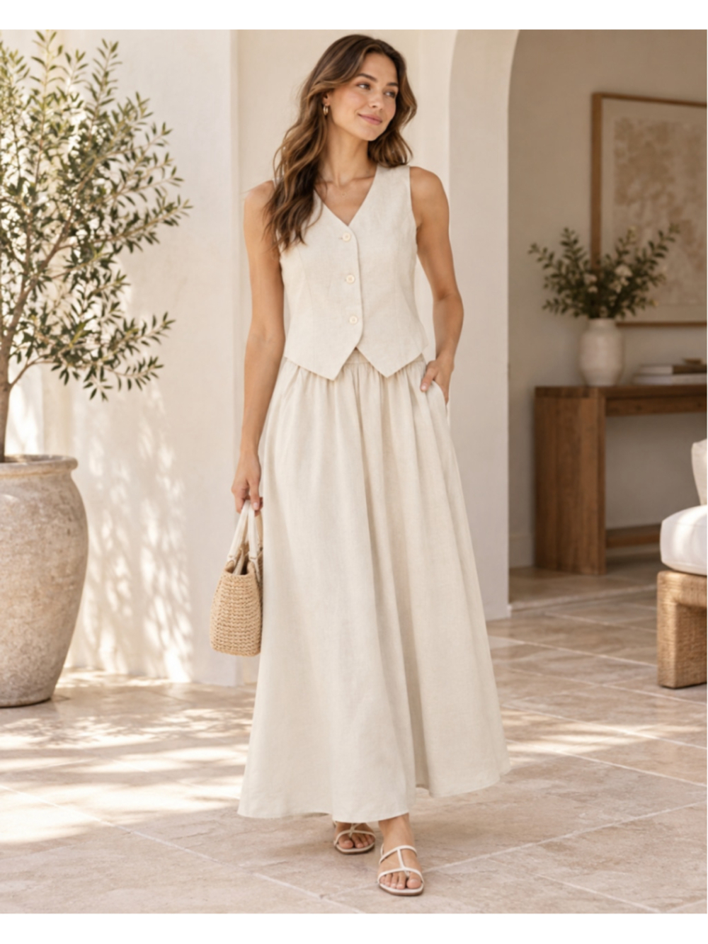 Women's Linen Vest and Maxi Skirt Set Beige